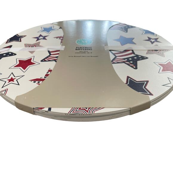 6pc Martha Stewart Patriotic Stars Round Placemats 15in Red White Blue USA NEW - Picture 4 of 6